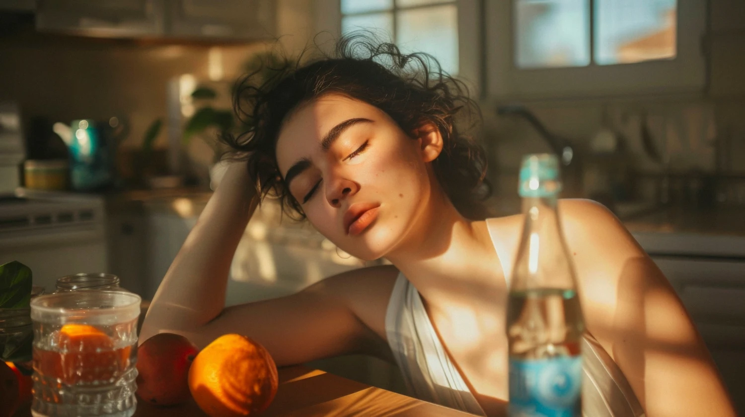 Woman relaxing indoors in warm evening light, illustrating nighttime skincare routine and double cleansing for combination skin