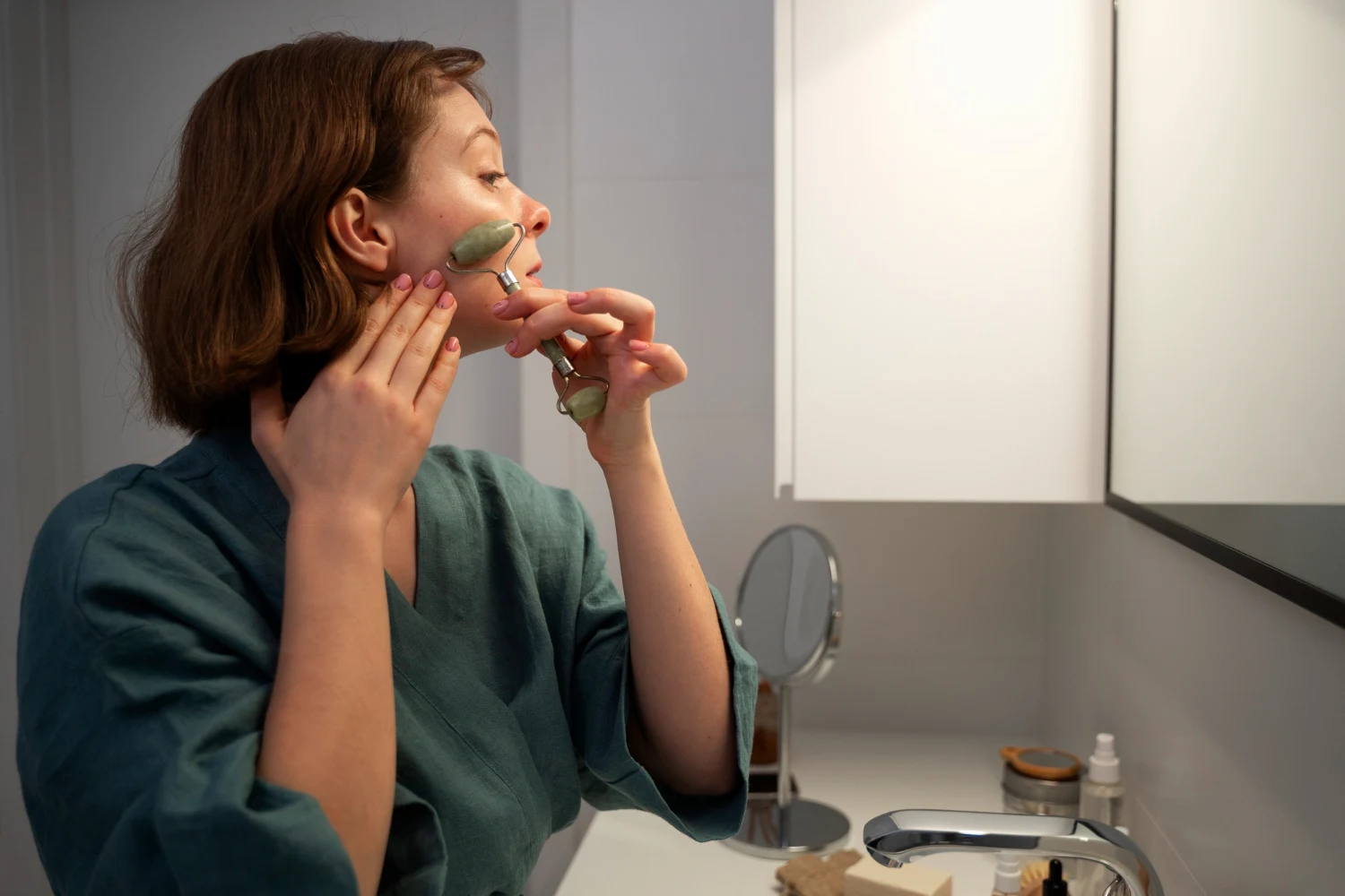 Woman using a jade roller on combination skin in a humid summer climate, showing natural glow and slight T-zone shine.